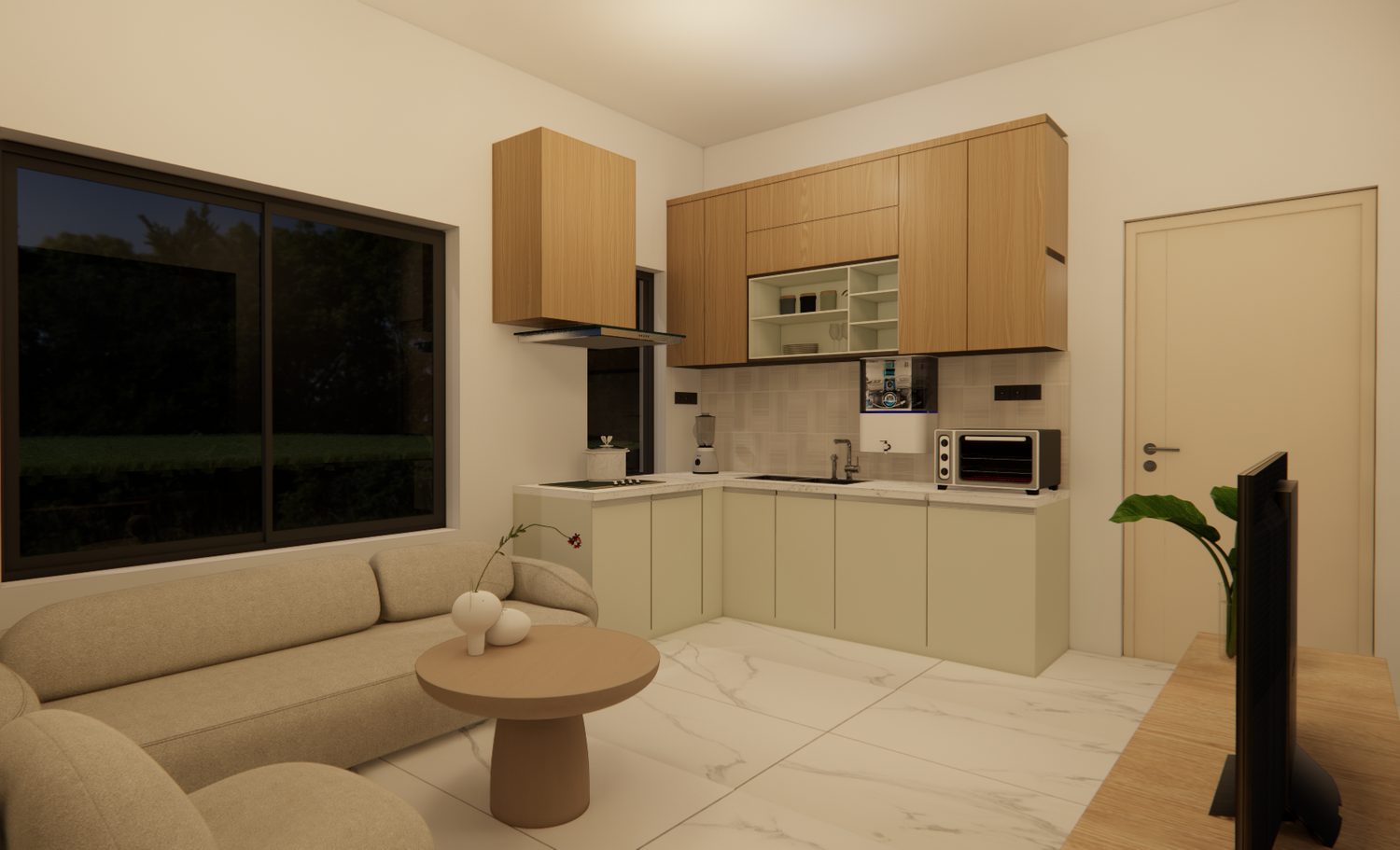 Chitlang compact residence interior render with living and kitchen planning