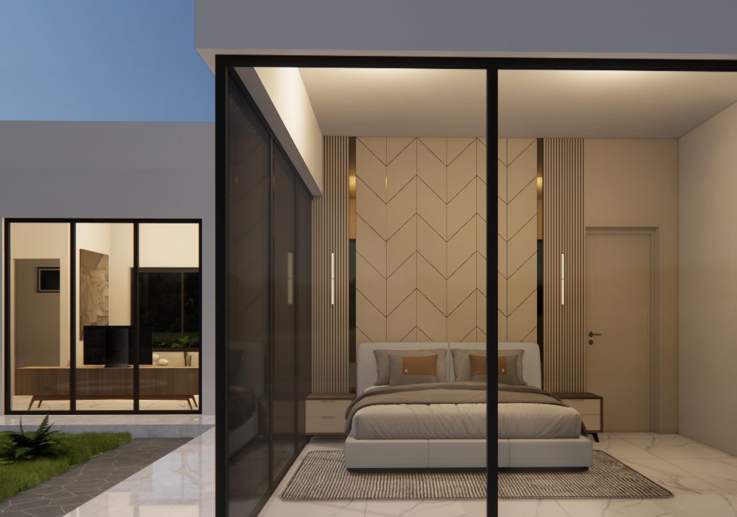 Chitlang bedroom suite viewed through glass with feature wall and warm lighting