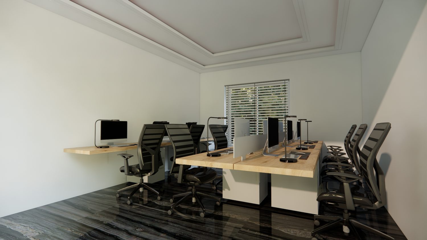 Himalaya College office workspace render with shared desks and task lighting
