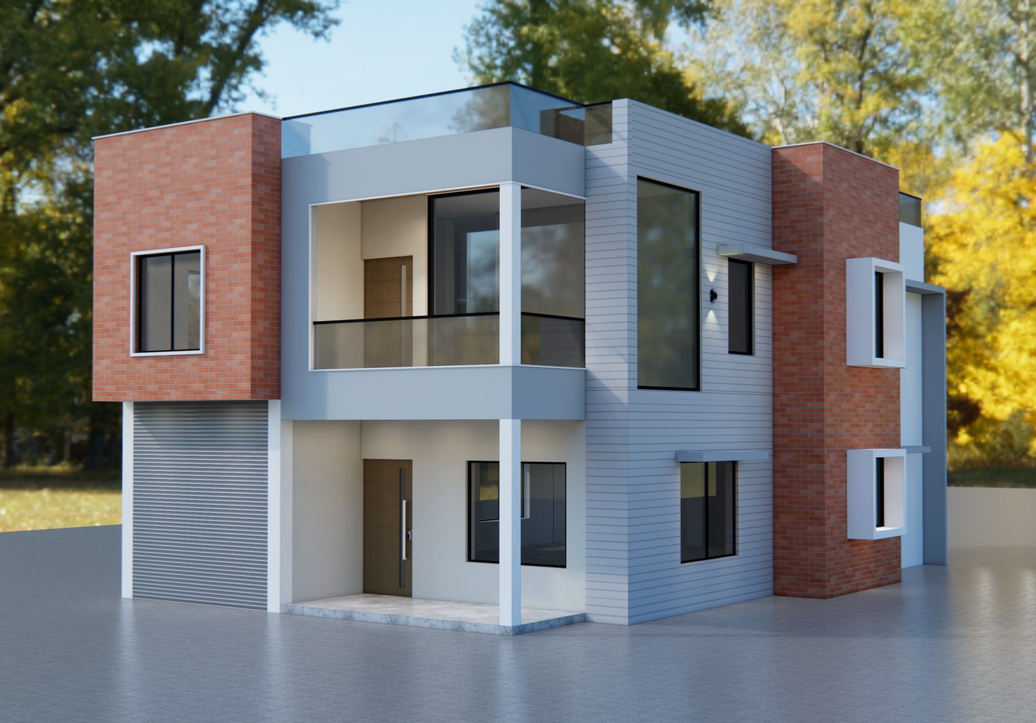 Itahari residence exterior render with brick, glass, and modern balcony design