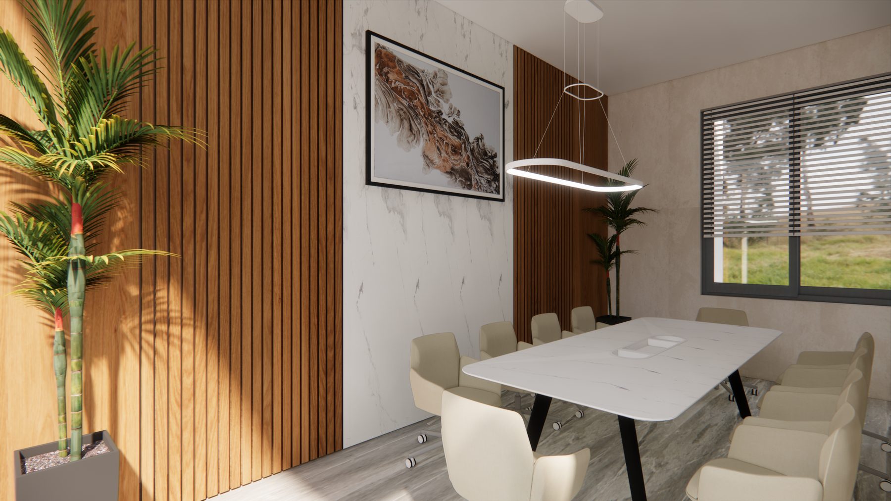 Meeting area render with wood slat feature wall and marble table