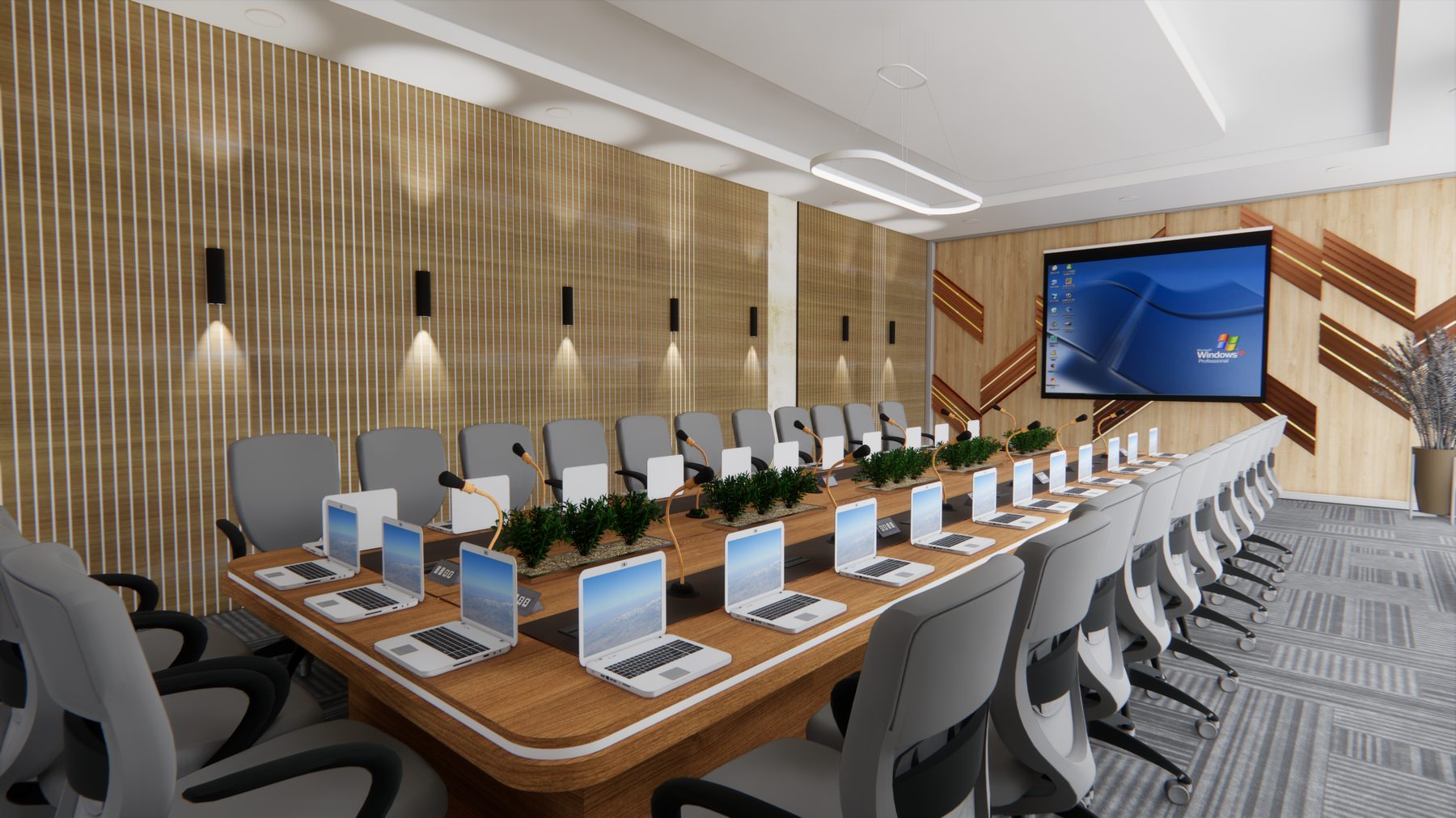 Seminar hall render with long conference table, microphones, and wood acoustic details