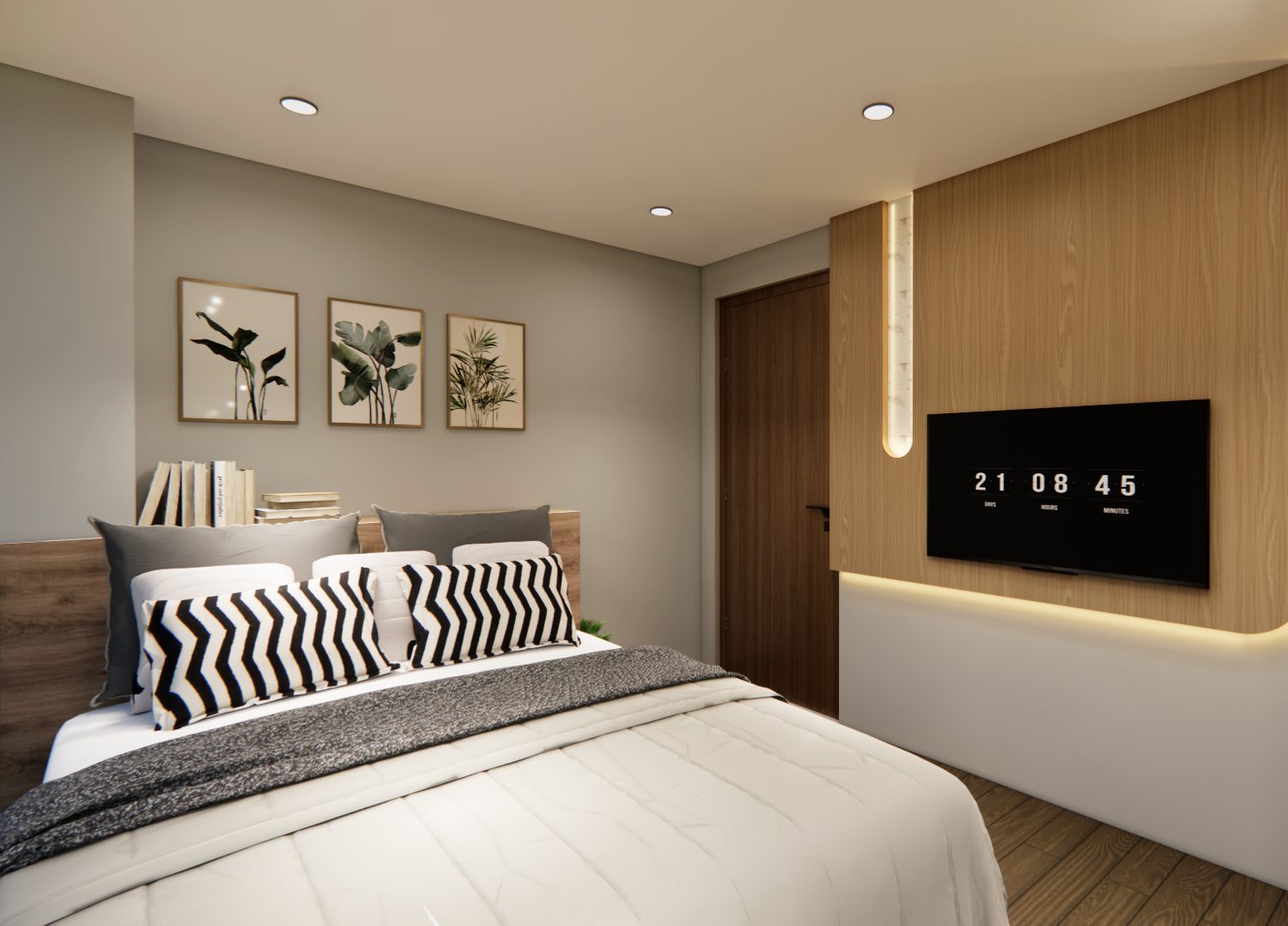 Warm modern bedroom interior render by The Space Stylers